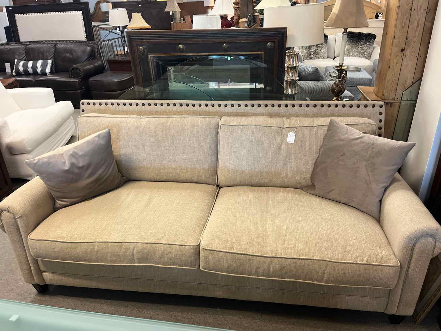 Bernhardt Style Beige Sofa – Nailhead Trim