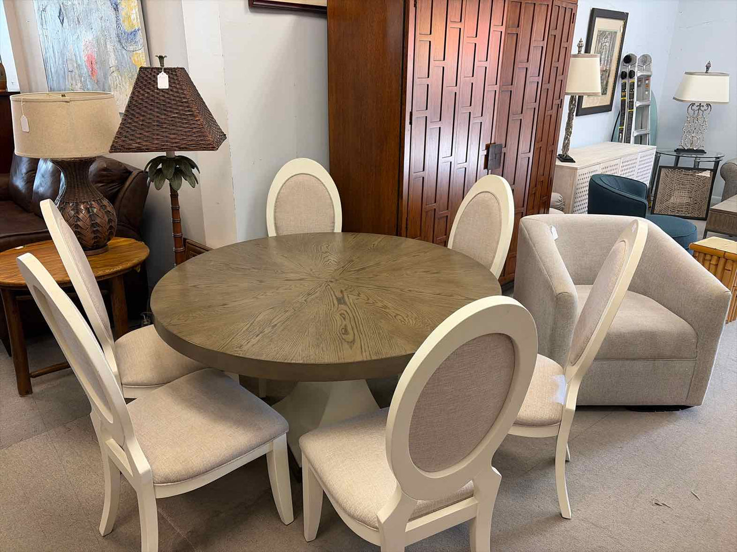 Set of 6 Light Upholstered Dining Chairs – White Wood Frame