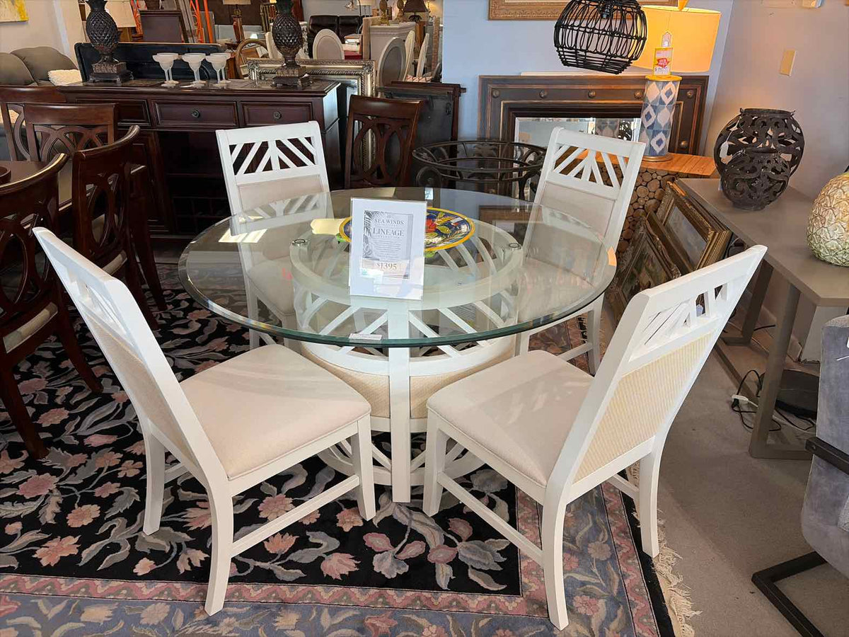 Brand New Sea Winds 54" Round Dining Table with 4 Tan & White Chairs