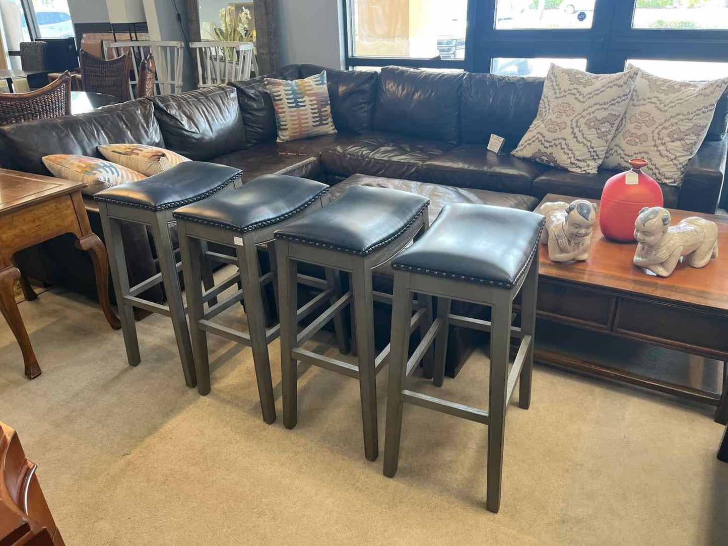 Set of 4 Blue Leather Barstools