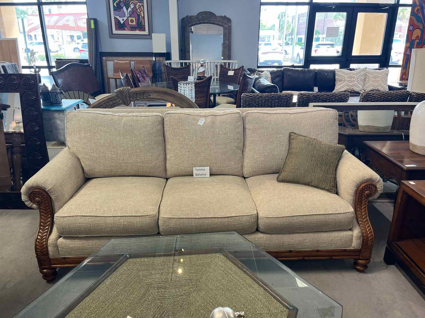 Tommy Bahama Light Fabric Sofa – Wood Trim 3 Seat Couch