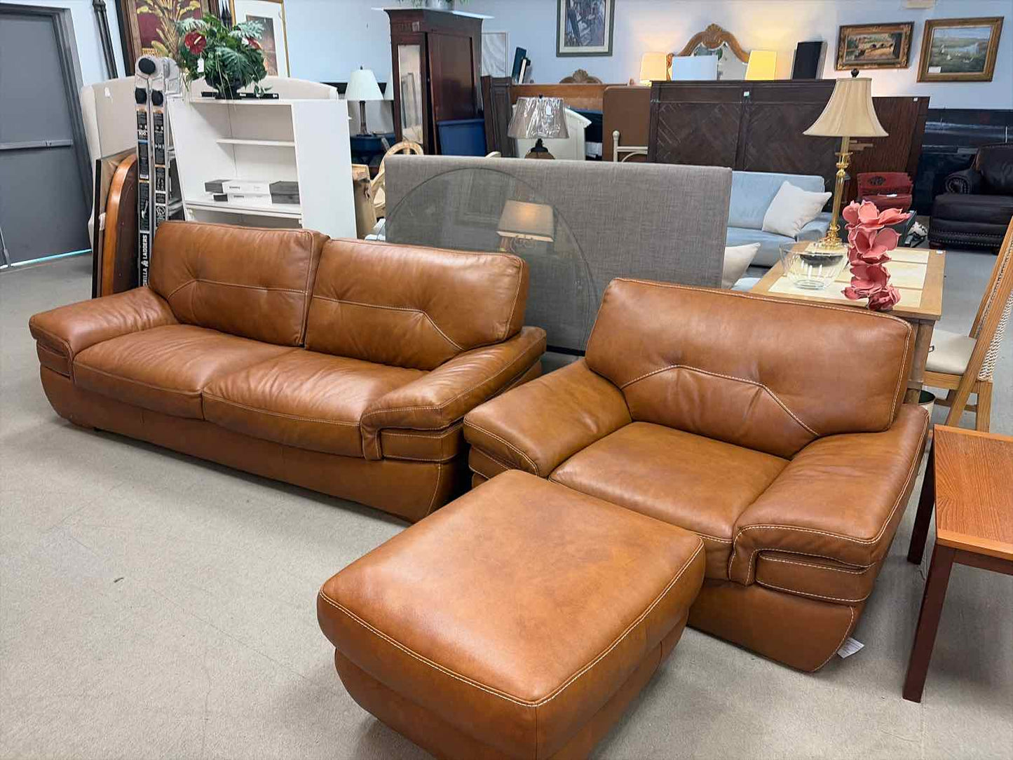 Caramel Leather Sofa, Chair & Ottoman Living Room Set