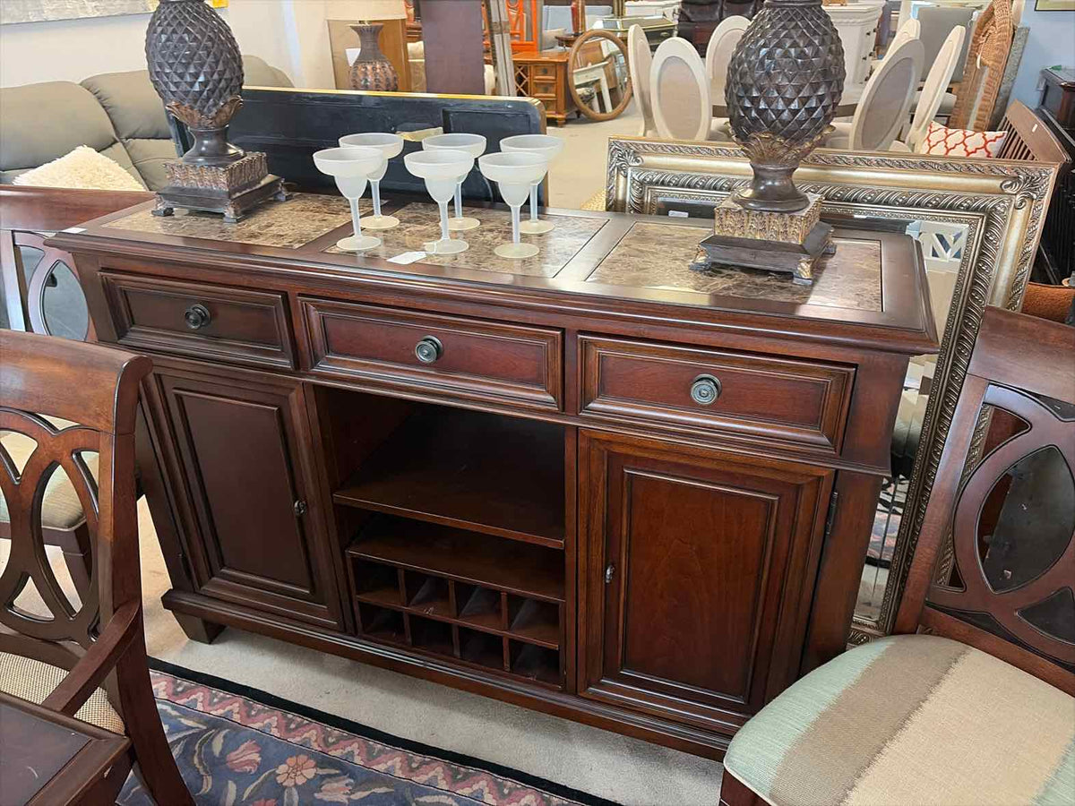 Brown Wood Buffet with 2 Doors & Marble Top