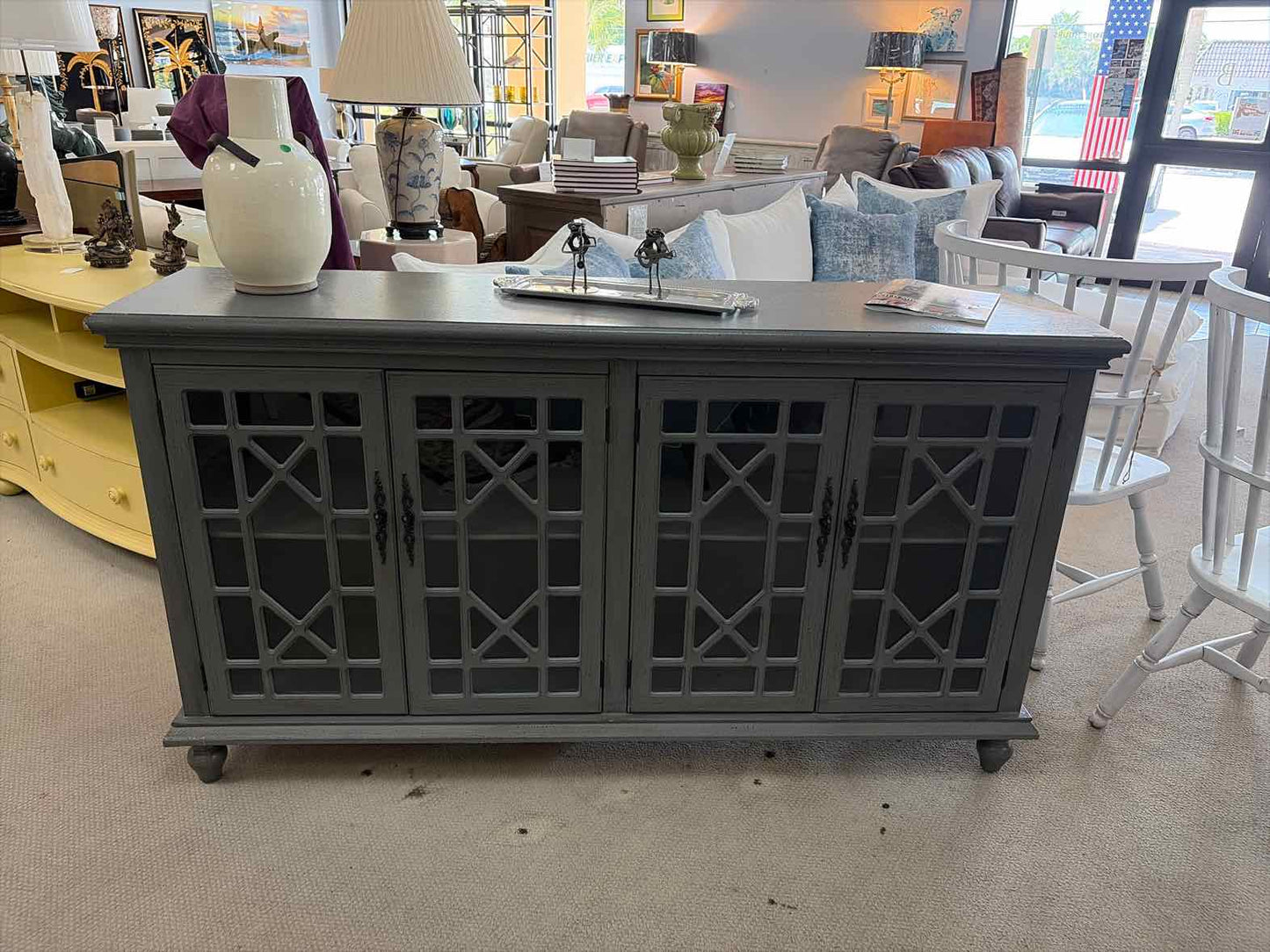 Blue-Gray Media Cabinet with Glass Front Doors