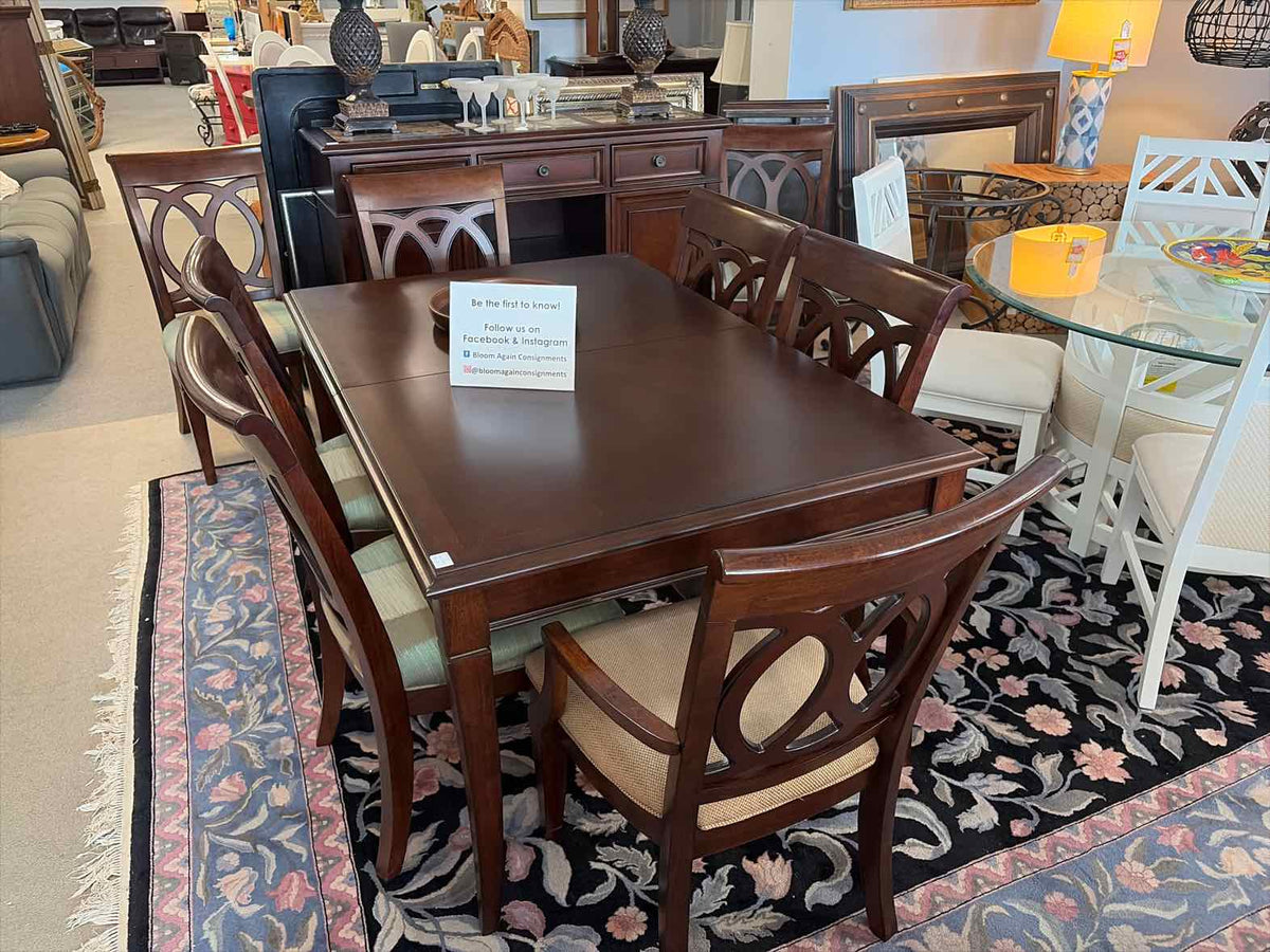 Dark Brown Solid Wood Dining Table with 8 Matching Chairs & Leaf