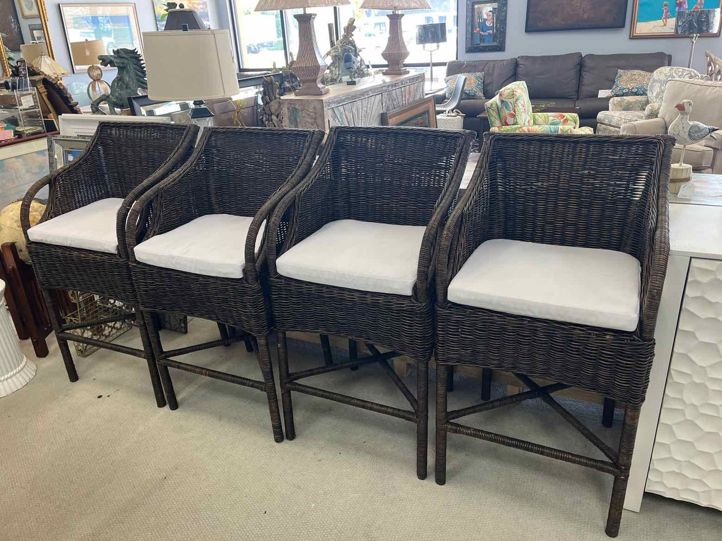 Outdoor Wicker Bar Stools – Set of 4 with Removable Cushions