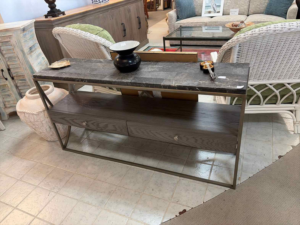 Havertys Gray Stone Top Console & Sofa Table with 2 Drawers