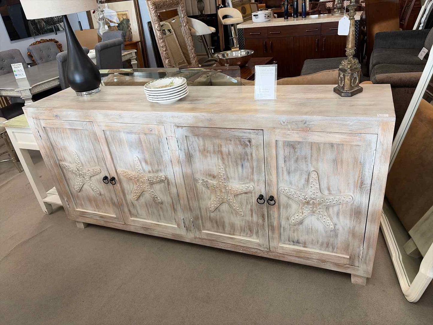 Brand New Mango Wood Cabinet – 4 Doors with Starfish Coastal Design
