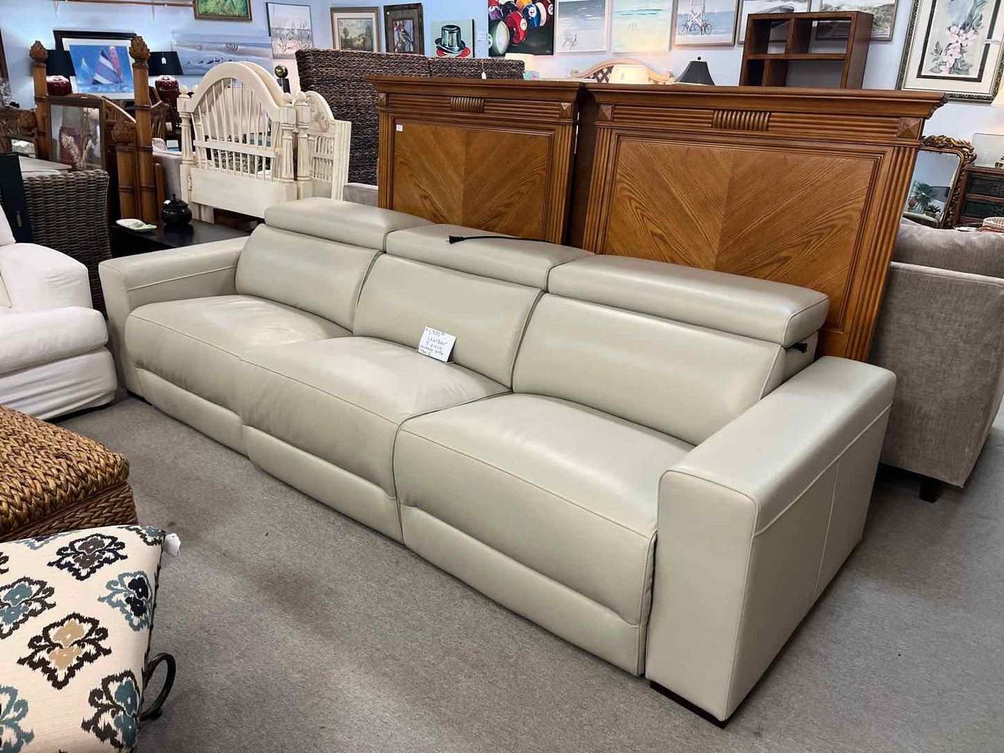 Light Leather Power Reclining Sofa – Triple Recliner 3 Seat Couch