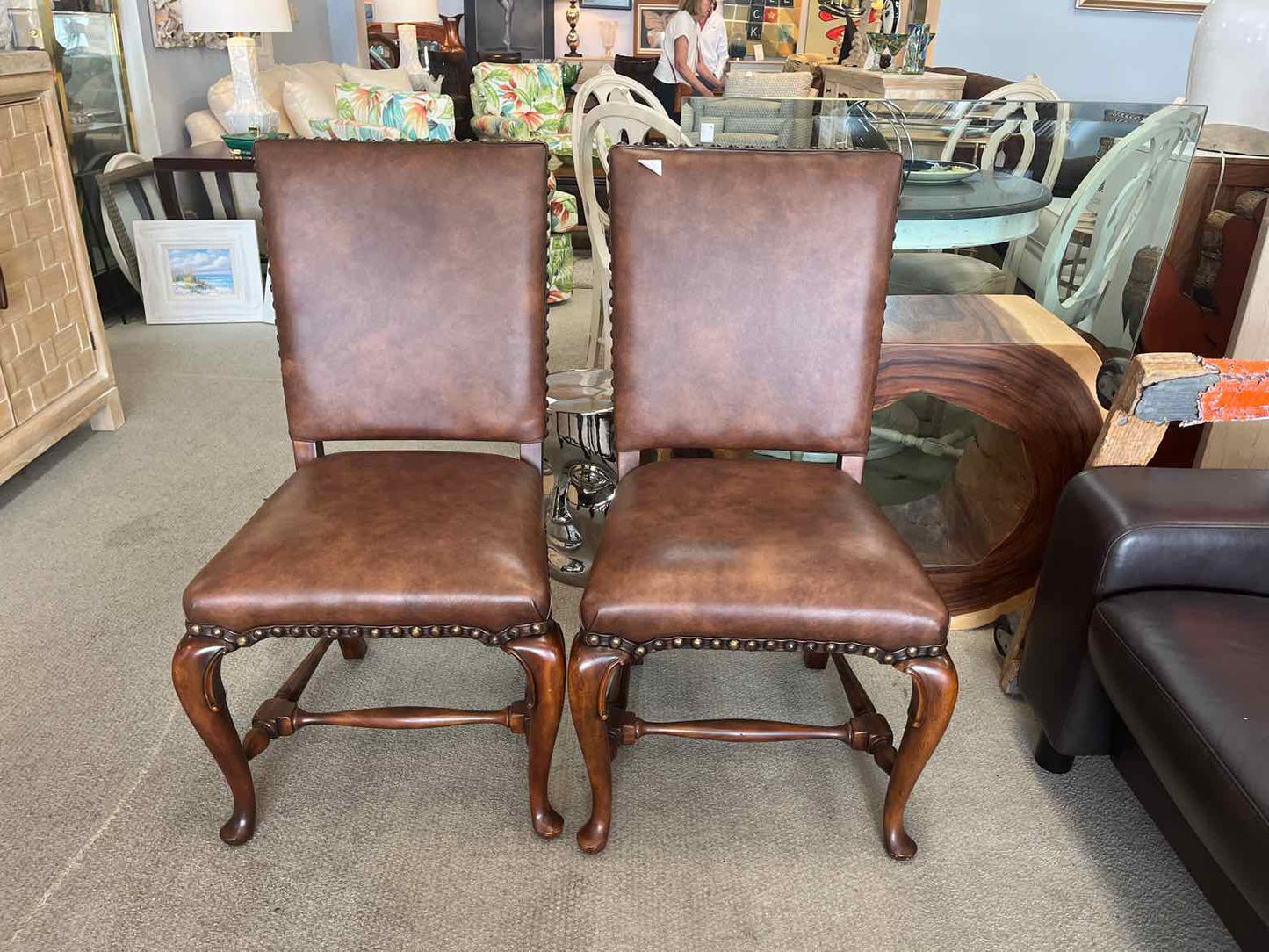 Leather Dining Chairs – Nailhead Trim (Pair)