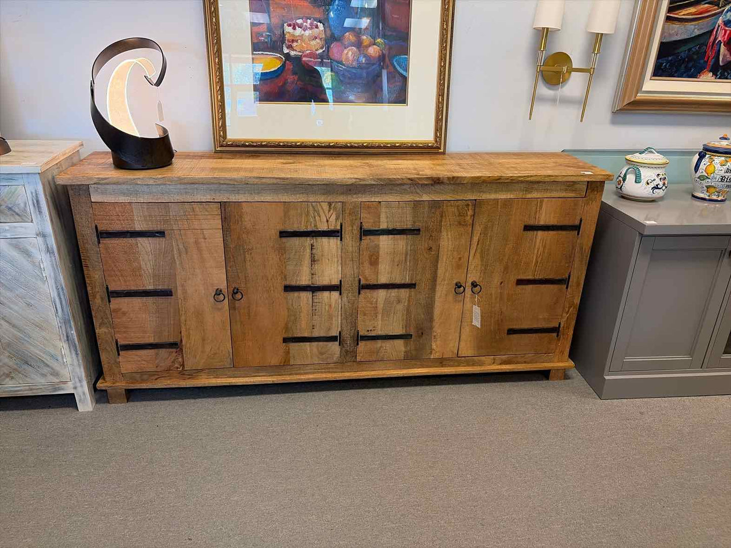 Farmhouse Mango Wood Console – Natural Wood with Metal Strap Doors