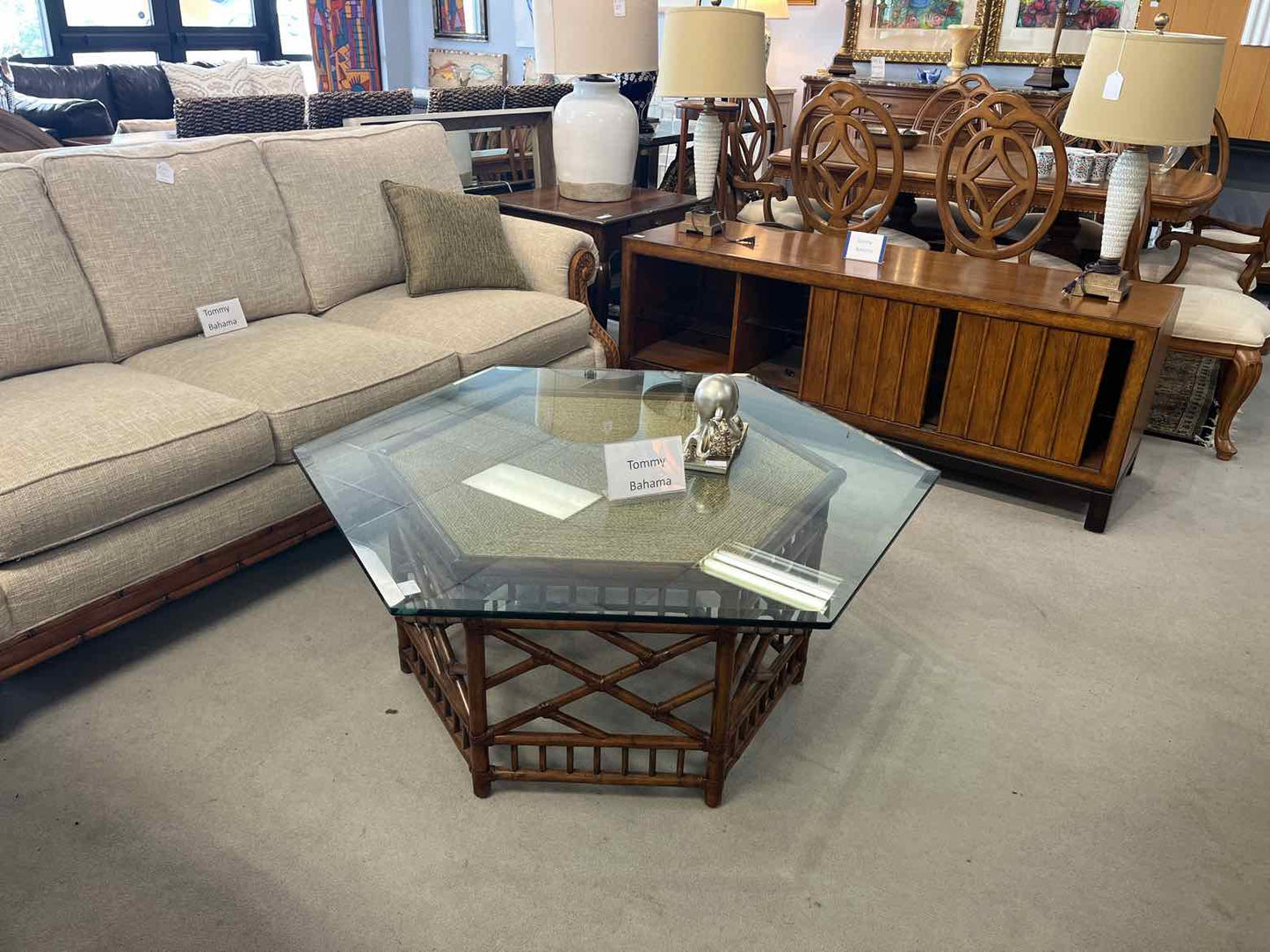 Tommy Bahama Hexagon Glass Top Cocktail Table – Rattan Base