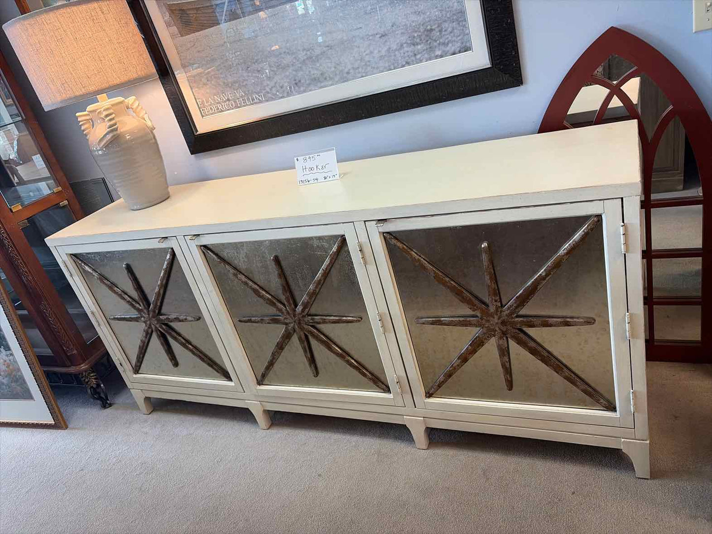Hooker Off-White Cabinet – Mirrored Doors with Sunburst Design