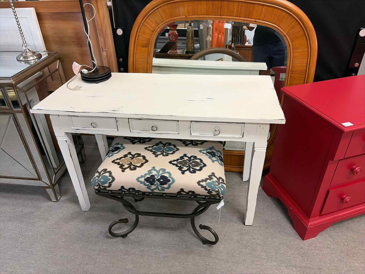 White Distressed Writing Desk with 3 Drawers