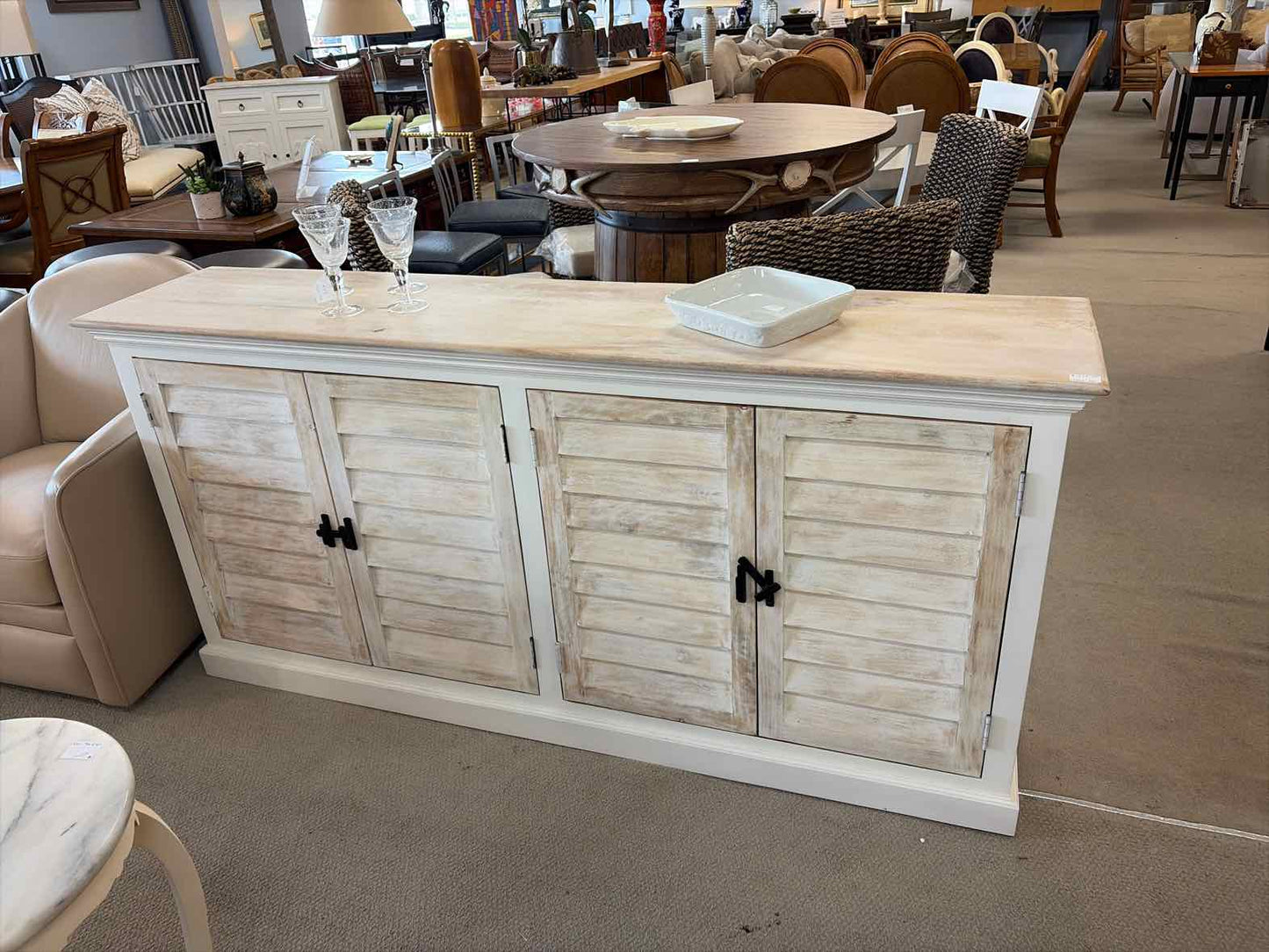 Brand New Mango Wood Console – Tan & White Shutter Doors