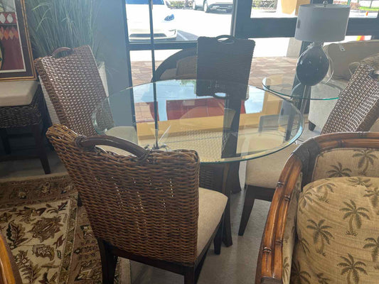 Round Glass Dining Table – Wicker Base with 4 Woven Chairs