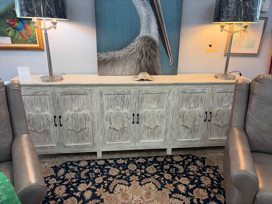 Brand New 105" White Mango Wood Console – Turtle Carved Doors