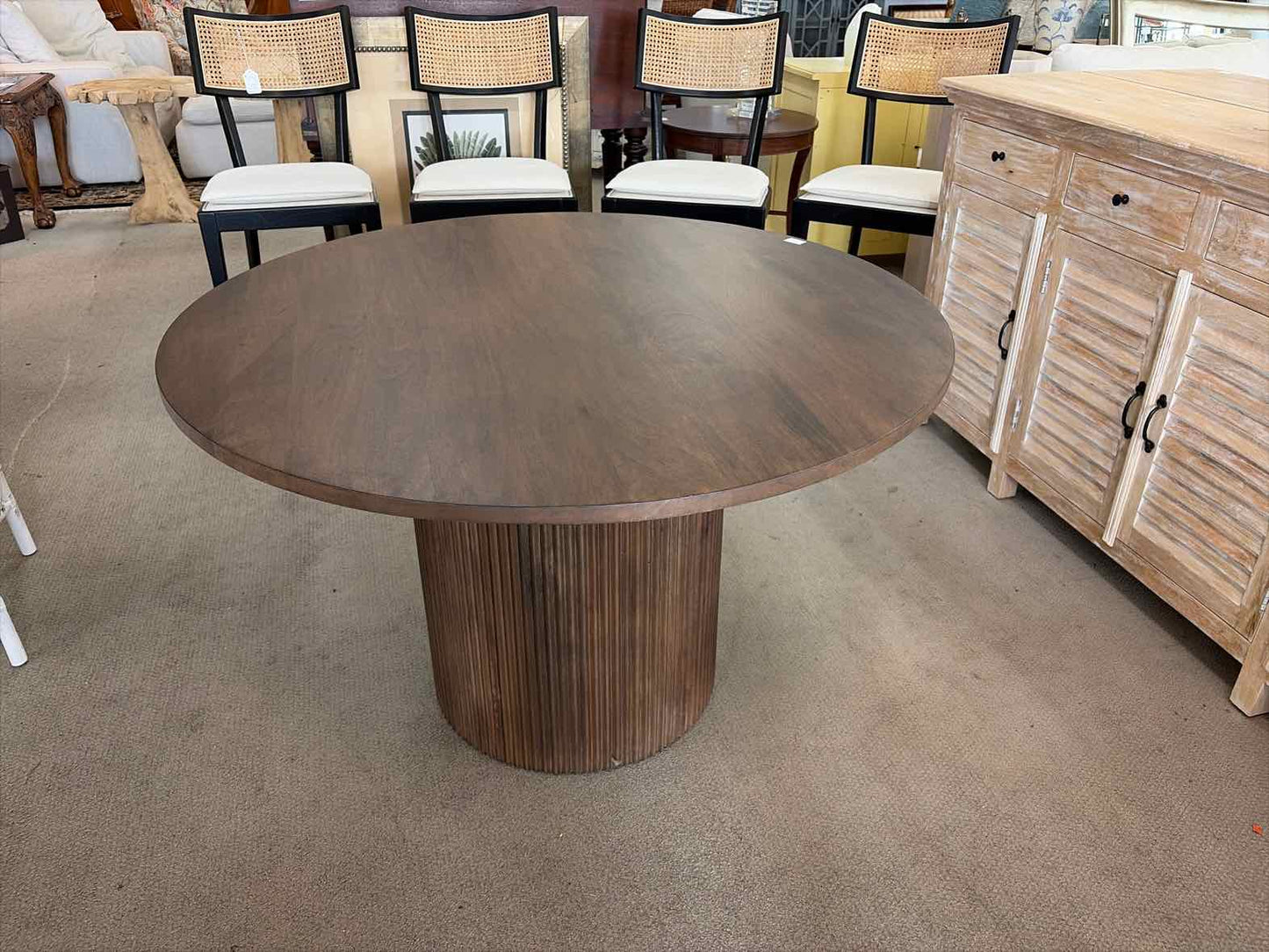 48" Round Mango Wood Dining Table – Dark Finish with Beveled Base