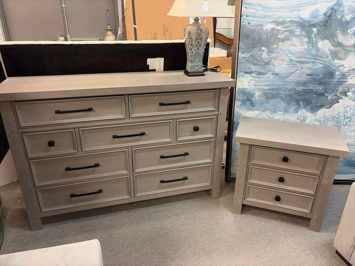 Gray Solid Wood Dresser, Mirror & Nightstand with Black Hardware