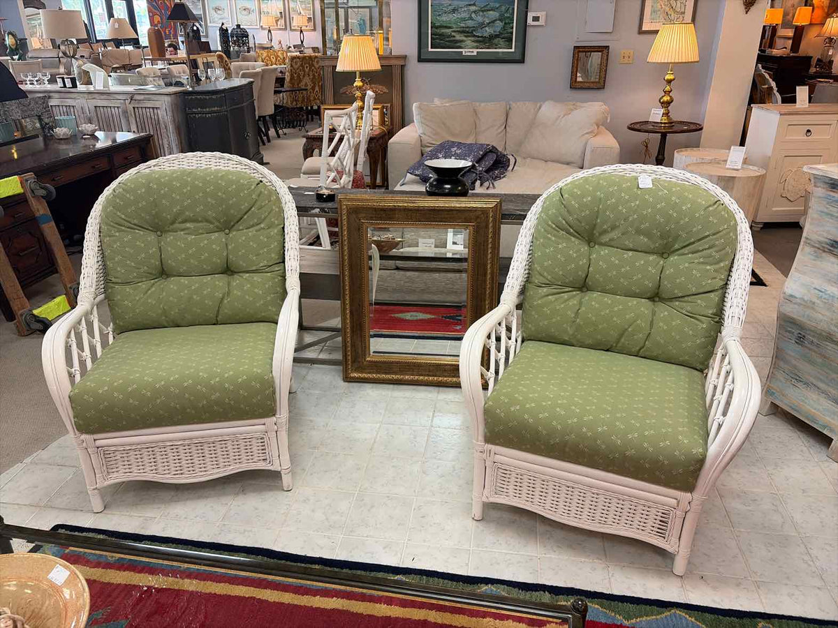 Braxton Culler White Rattan Chairs with Green Cushions – Pair