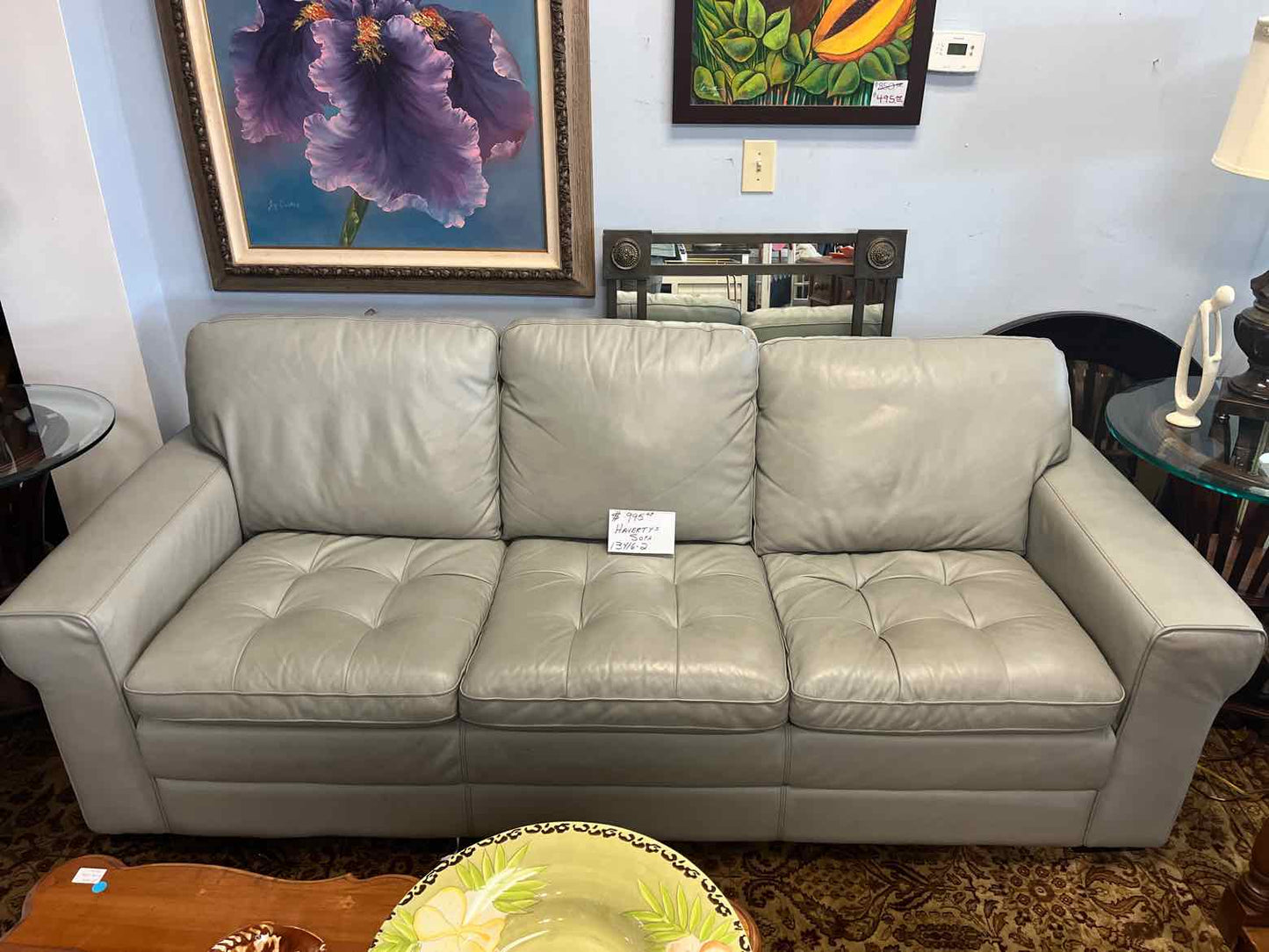 Havertys Gray Tufted Leather Sofa – Modern Living Room Couch