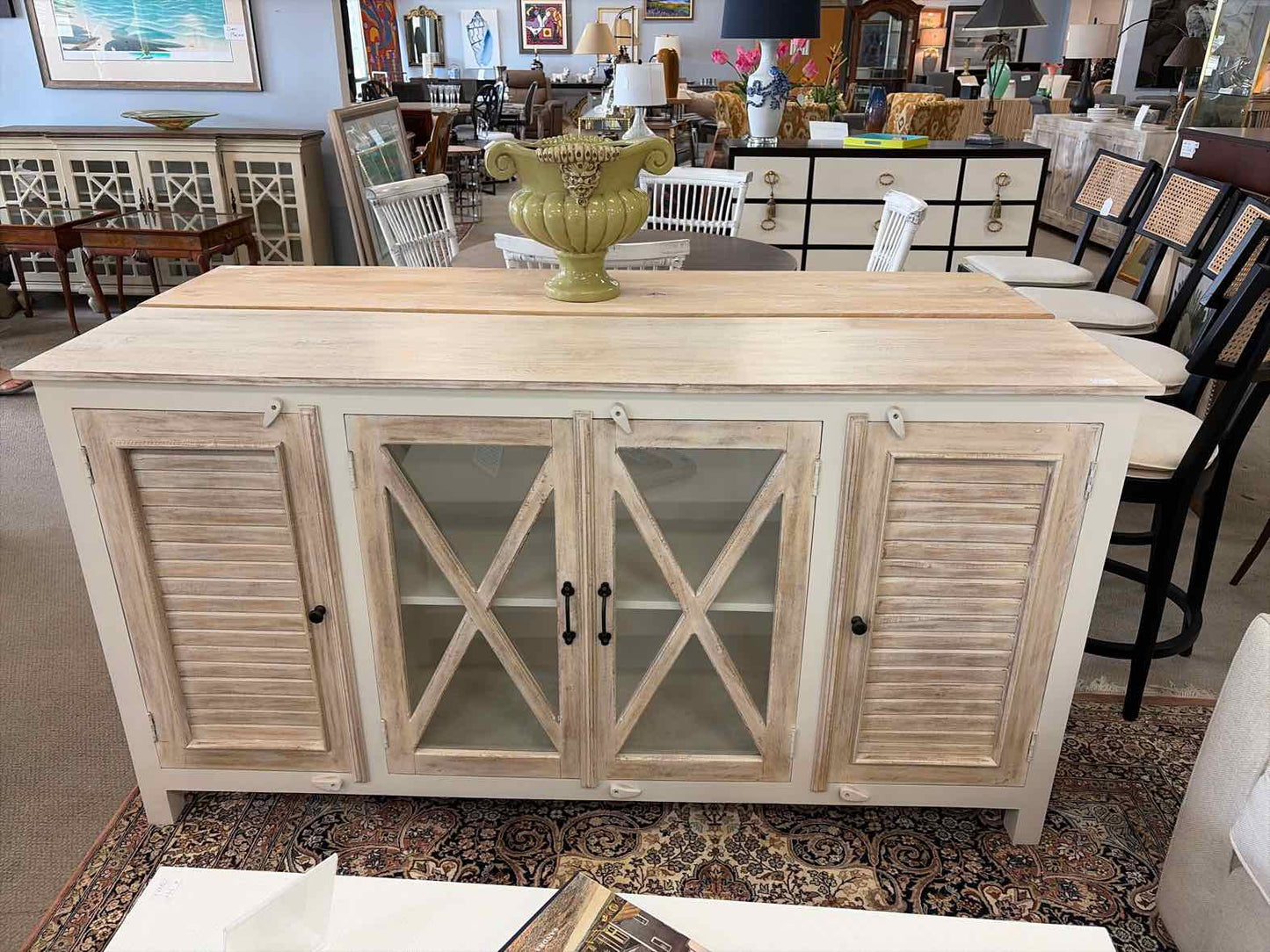 Two-Tone Mango Wood Console – White & Tan with Glass & Shuttered Doors