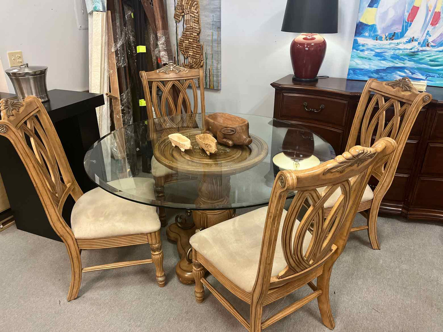 Glass Top Dining Table – 4 Chairs with Beige Cushions