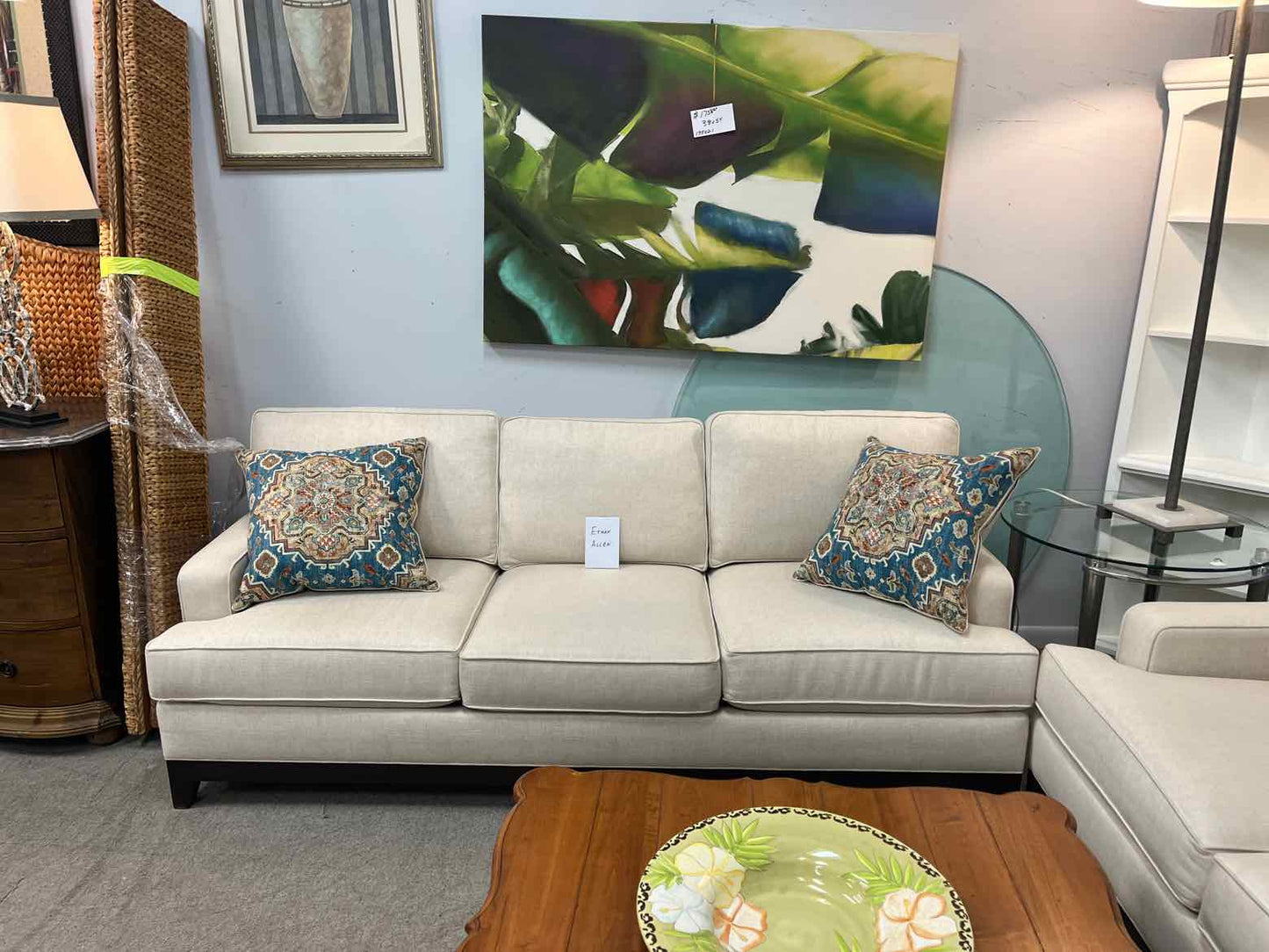 Ethan Allen Light Fabric Sofa – 3 Seat Living Room Couch