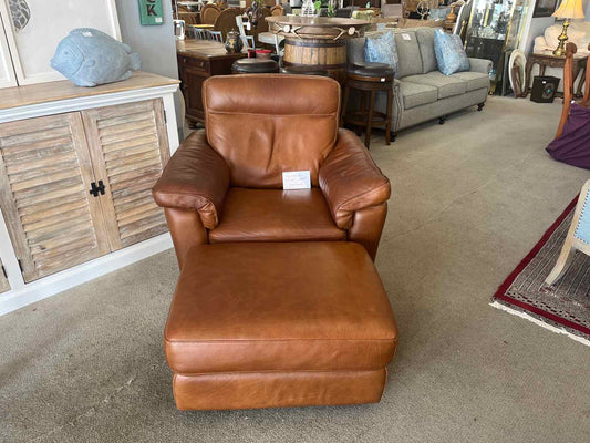 Natuzzi Brown Leather Chair & Ottoman