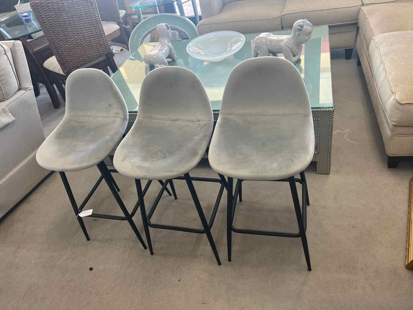 Counter Height Gray Bar Stools – Black Metal Base (Set of 3)