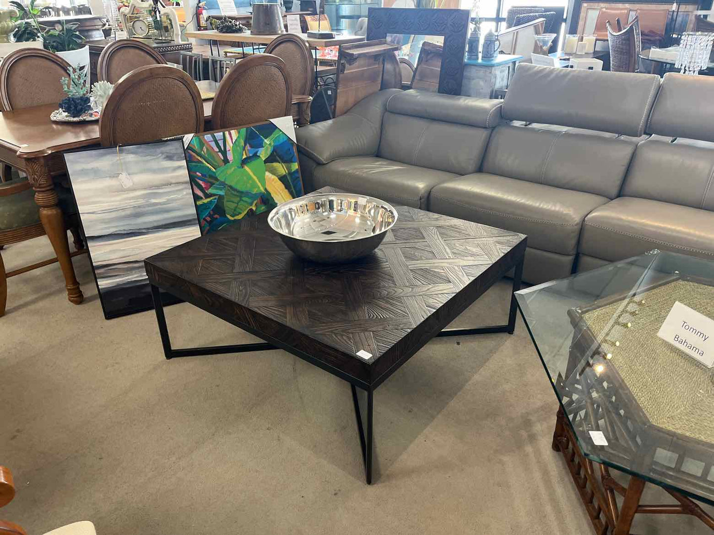 Bassett Square Dark Wood Coffee Table – Metal Base