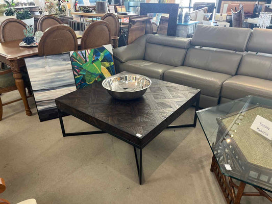 Bassett Square Dark Wood Coffee Table – Metal Base