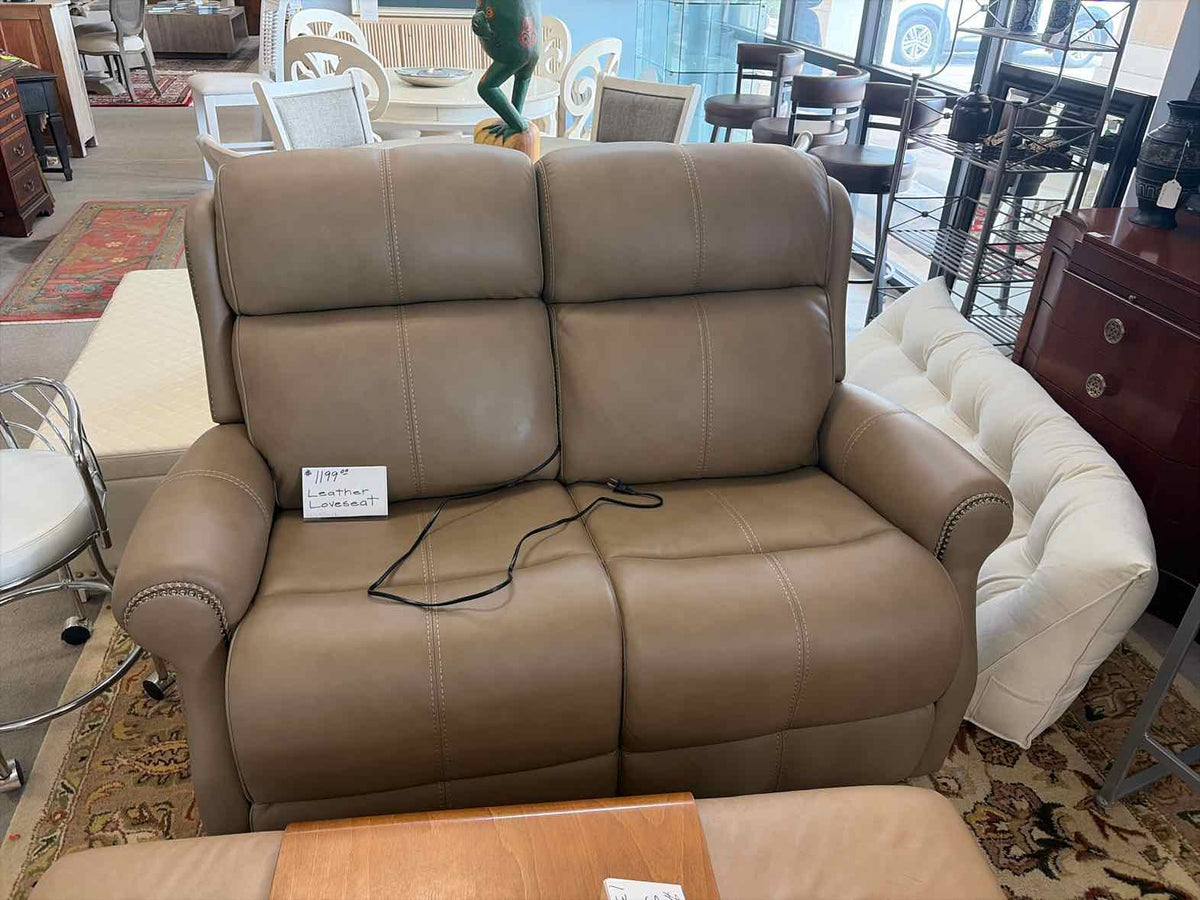 Bernhardt Light Brown Genuine Leather Power Reclining Loveseat