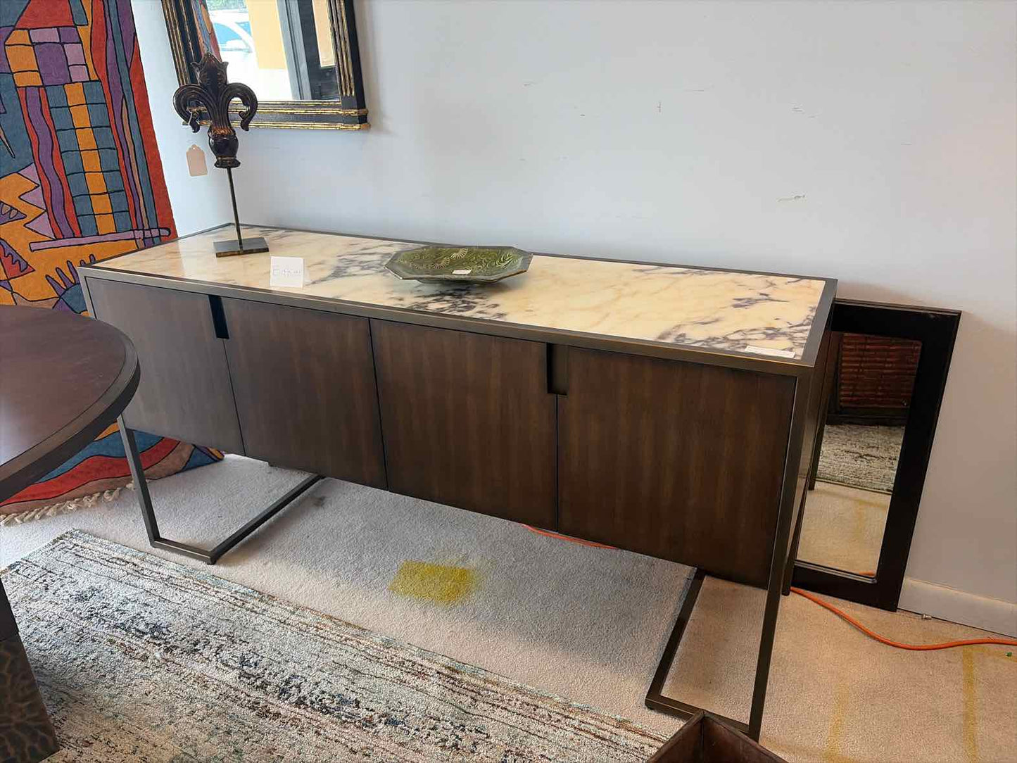 Baker Sideboard with Marble Top – Solid Dark Wood & Metal Base
