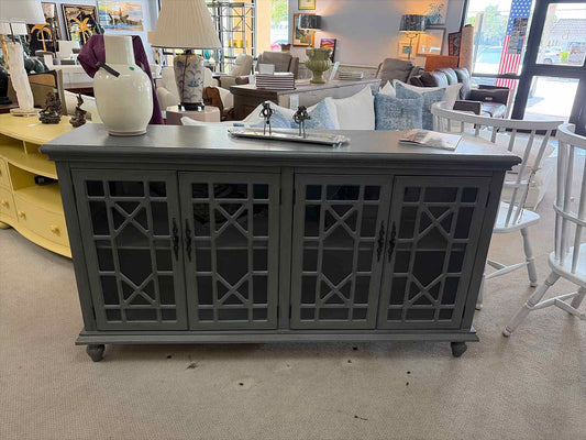 Blue-Gray Media Cabinet with Glass Front Doors