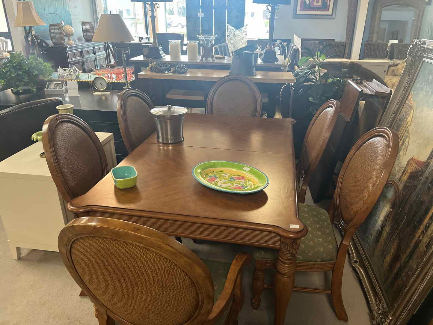 Tommy Bahama Style Dining Table – 6 Chairs with Palm Tree Cushions