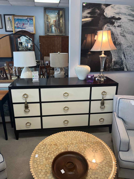 Bernhardt Black Wood Dresser – White Leather Drawer Fronts