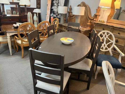 Oval Mango Wood Dining Table – 6 Chairs with Metal Pedestal Base