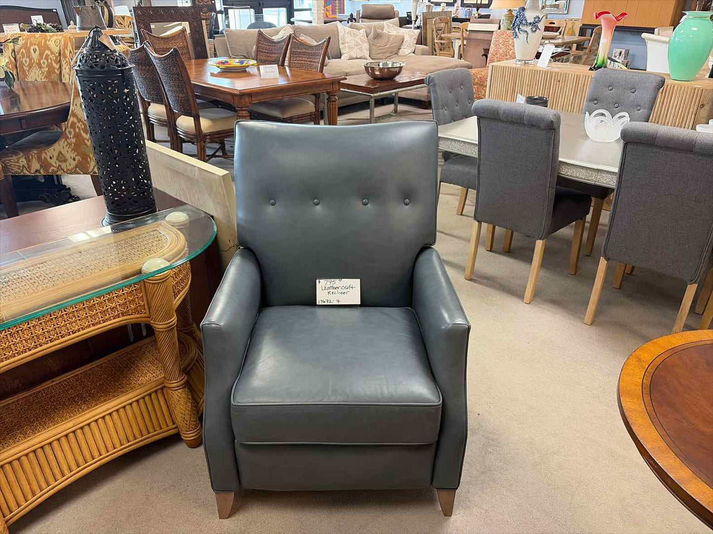 Gray-Blue Leather Craft Recliner – Premium Leather Accent Chair