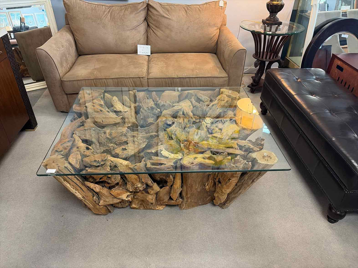 Brand New Teak Coffee Table with Rectangular Glass Top