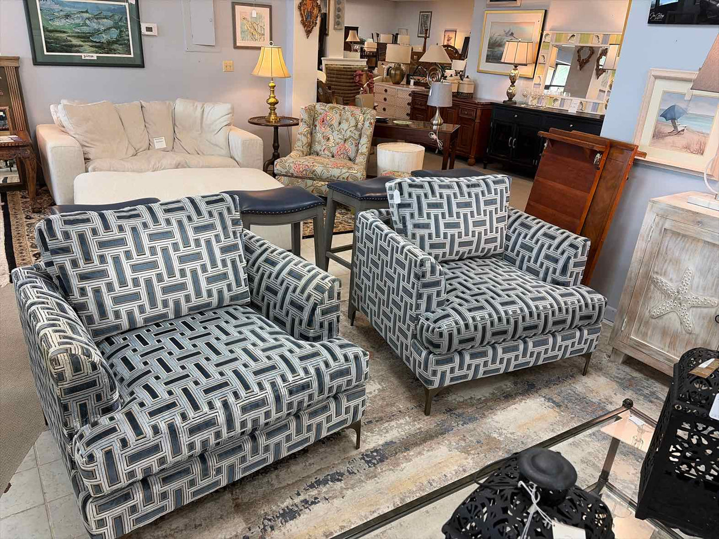 Massoud Pair of White & Blue Upholstered Chairs