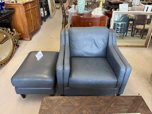 Chateau d'Ax Navy Blue Leather Chair & Ottoman