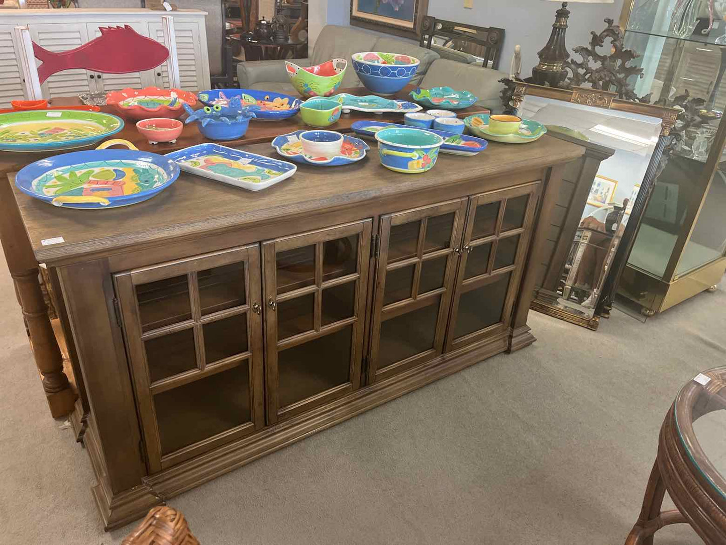Medium Tone Wood TV Stand – Glass Door Cabinet