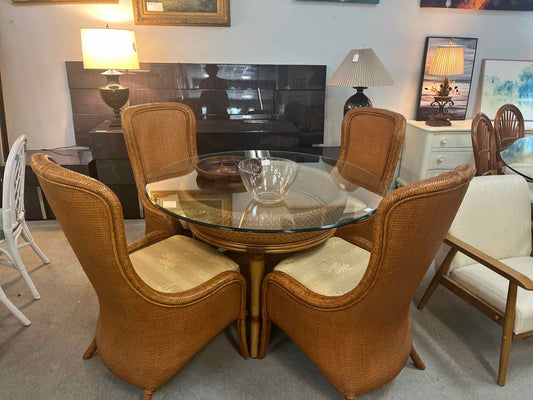 Tommy Bahama Round Glass Dining Table – 4 High Back Rattan Chairs