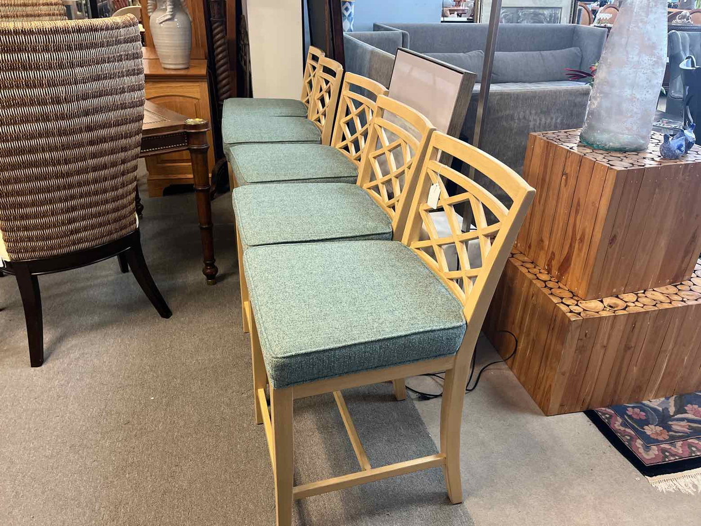 David Francis Bar Height Stools – Tan Finish with Gray Cushions (Set of 5)