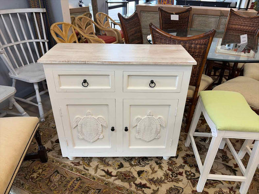 Brand New White Console – Turtle Carved Doors & Drawers