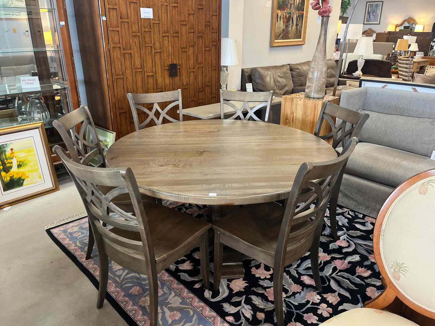 Bassett Round Gray Wood Dining Table – 6 Chairs