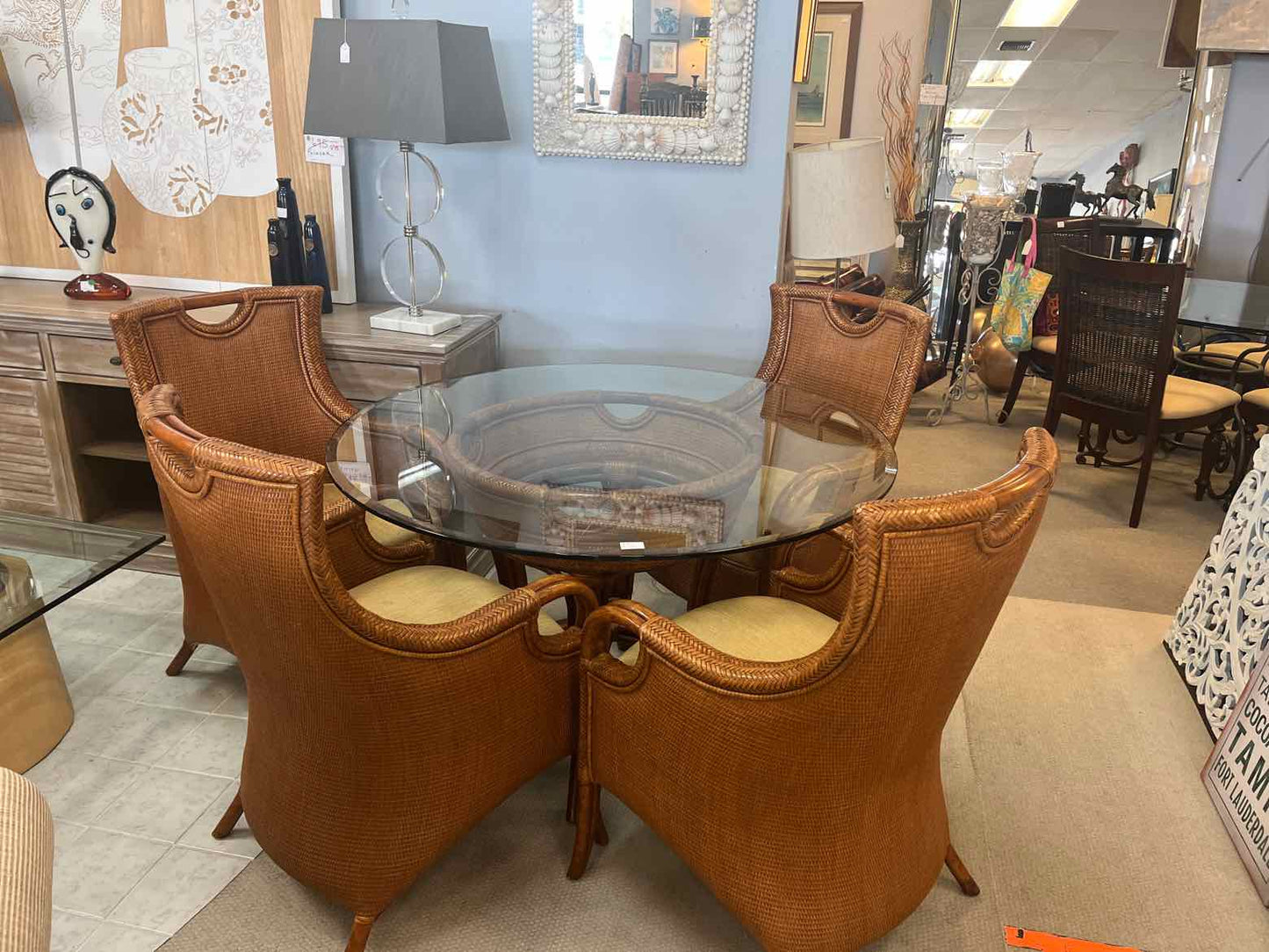 Artistica Round Glass Dining Table – 4 Rattan Chairs