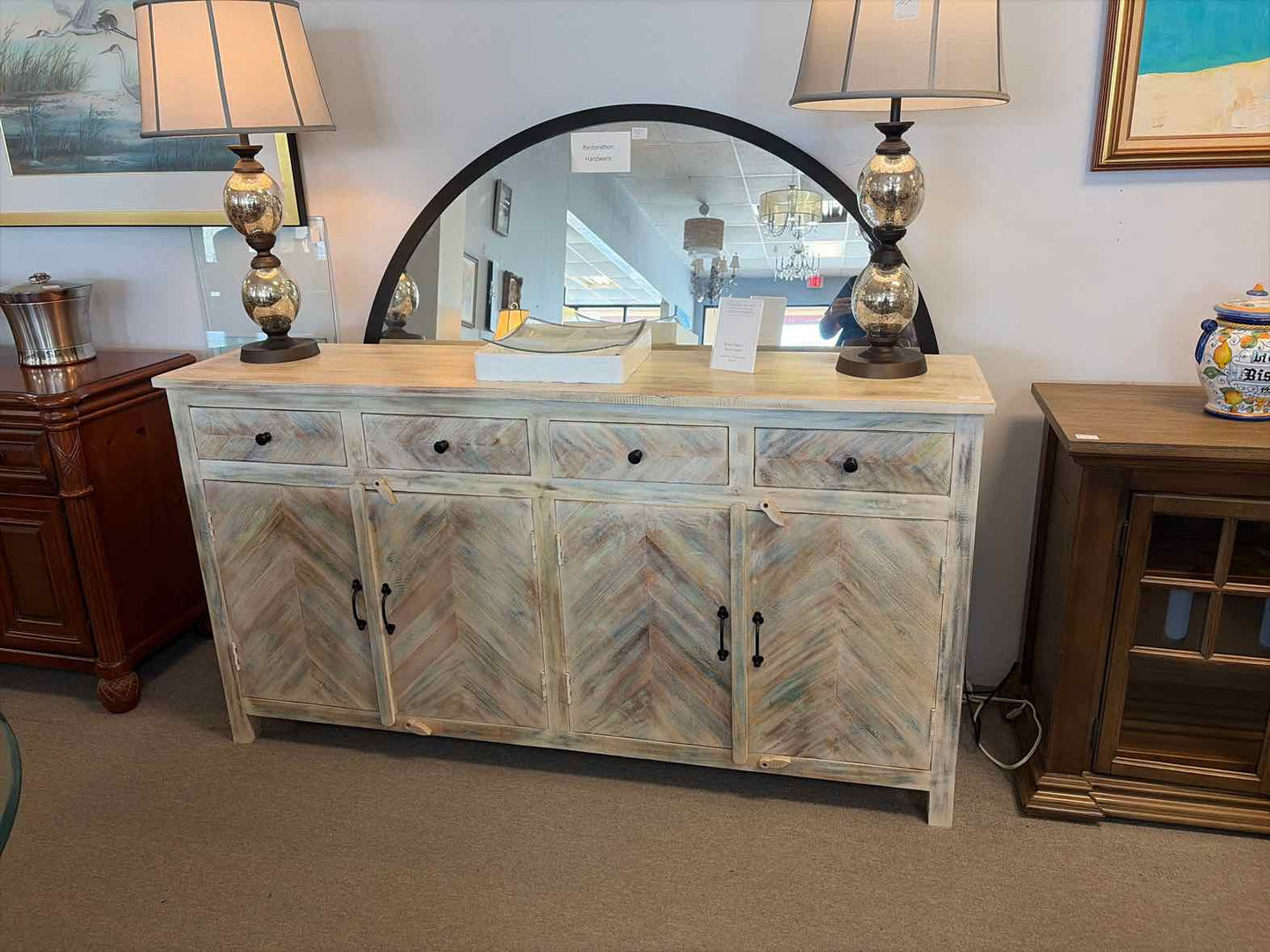 Brand New 76" Whitewashed Multi-Color Mango Wood Console – 4 Doors & 4 Drawers