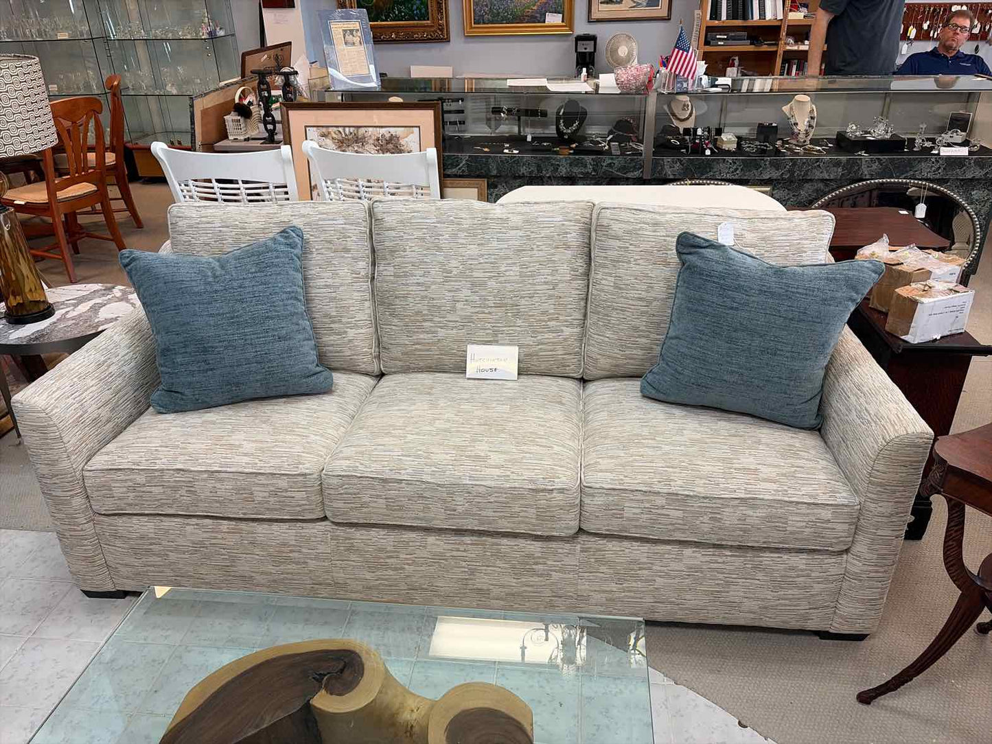 Hutchingson House Sofa – Orange, Gray & White Pattern